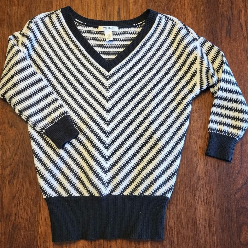 White House Black Market Womens Black White Chevron 3/4 Sleeve V-Neck Sweater XS